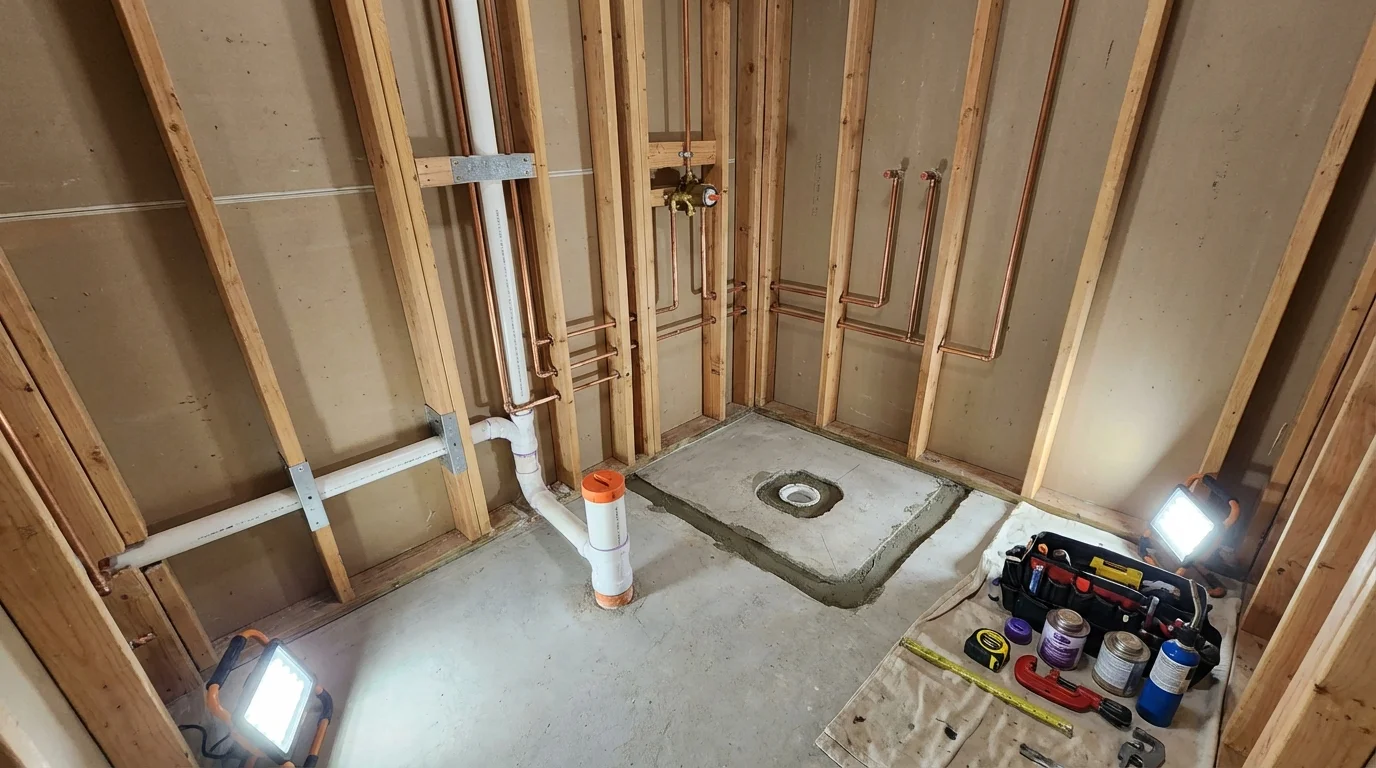 Bathroom rough-in plumbing during remodel by Johns Plumbing LLC in East Jordan