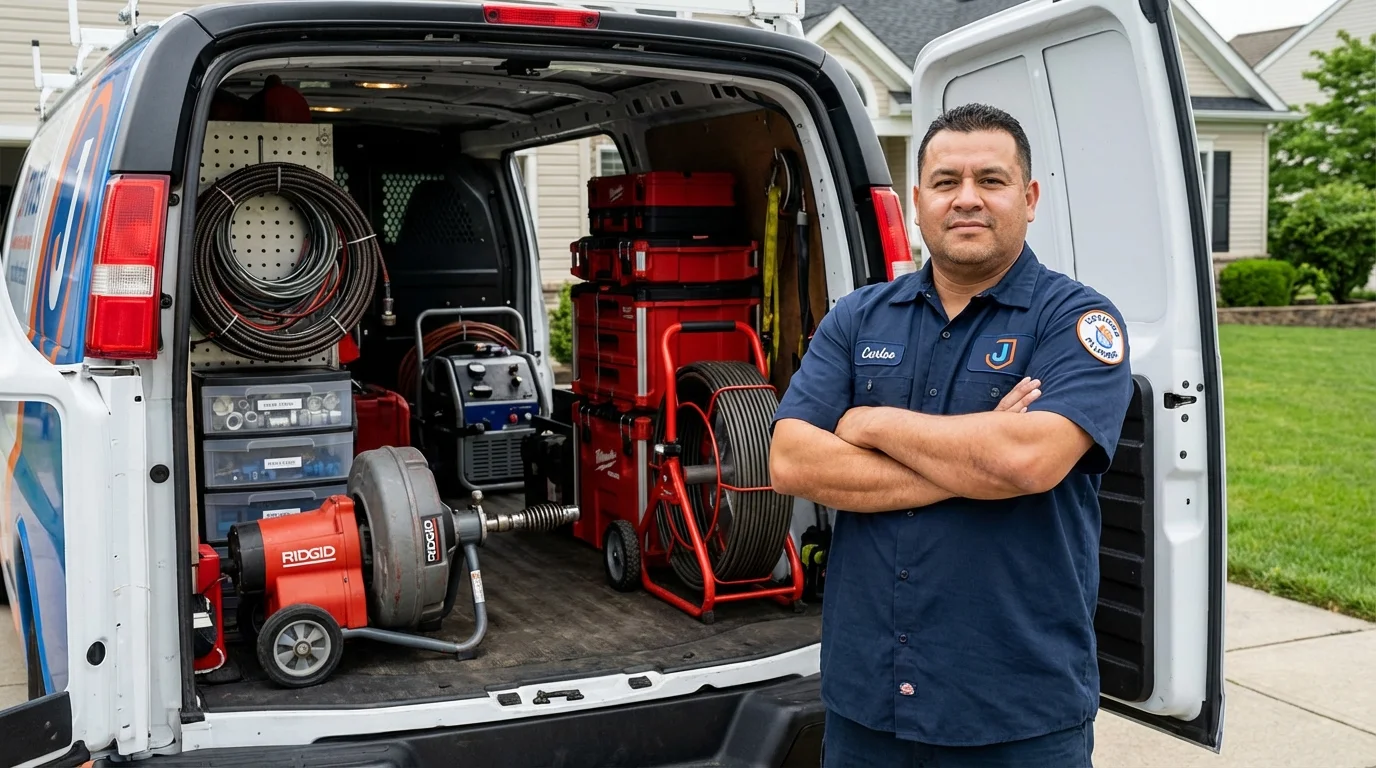 Professional drain cleaning equipment and Johns Plumbing LLC plumber in East Jordan