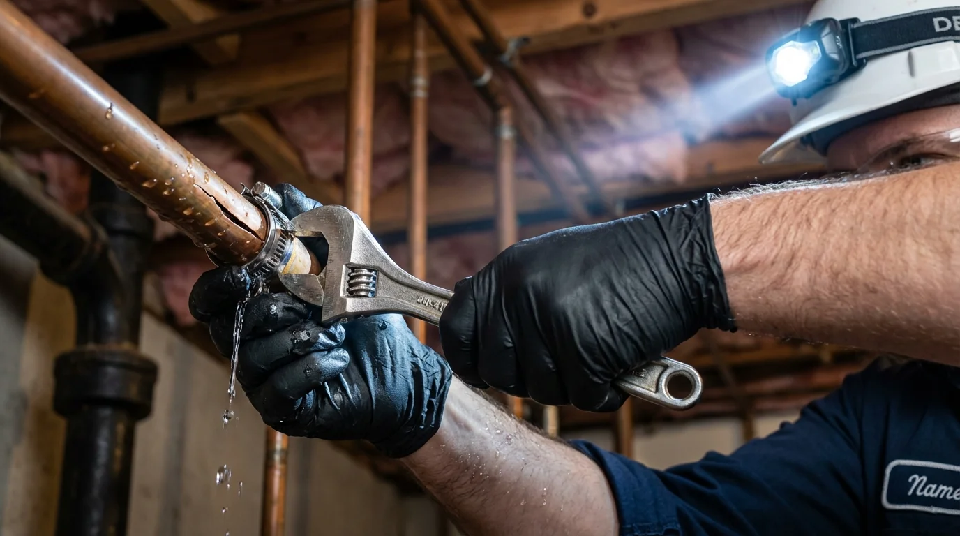 Emergency pipe clamp repair being performed by a Johns Plumbing LLC plumber in East Jordan