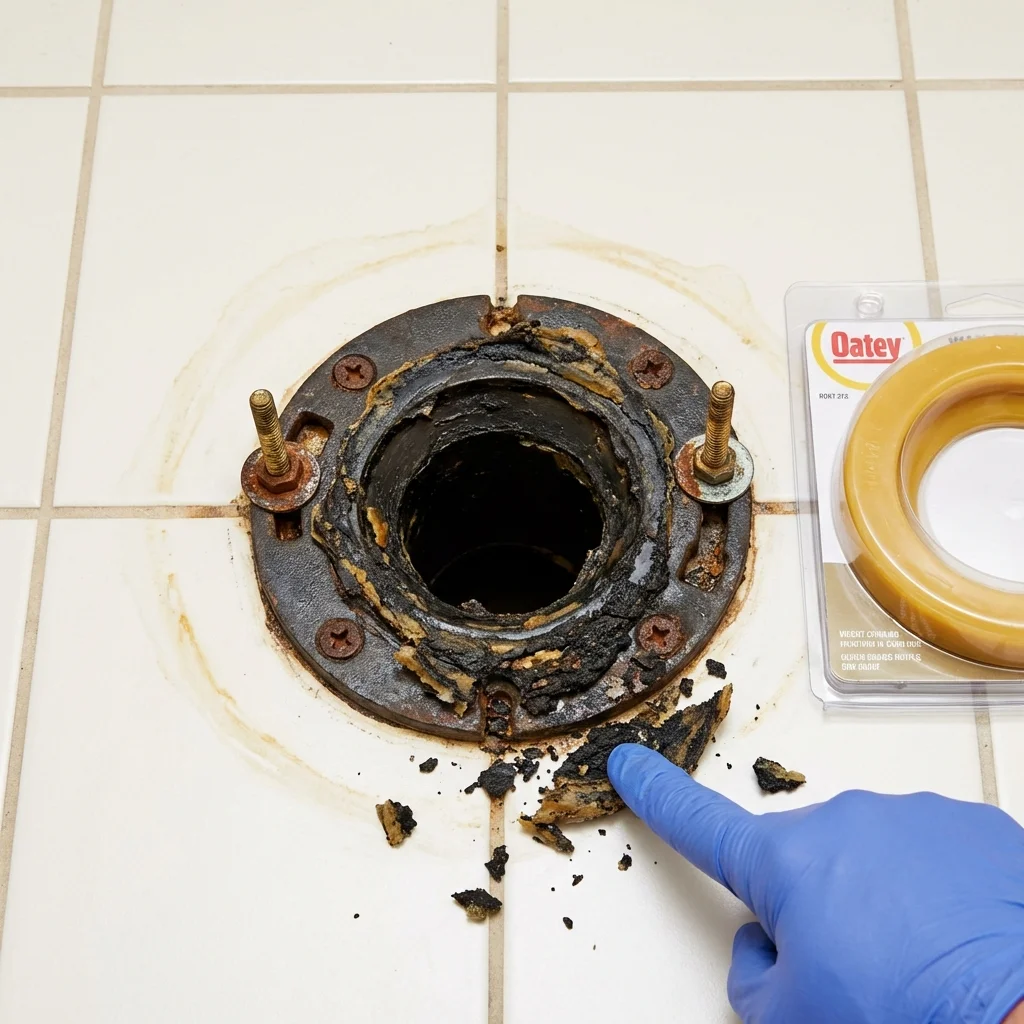Failed wax ring showing water seepage at the base of a toilet in a East Jordan, MI home