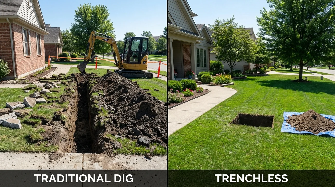 Trenchless sewer repair with minimal yard damage versus traditional excavation in East Jordan, MI