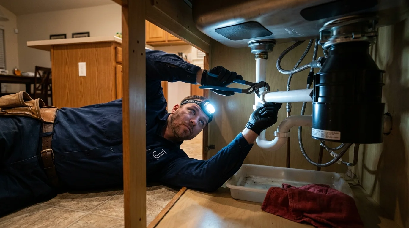 P-trap and supply line connections under a kitchen sink showing a common leak point in East Jordan, MI